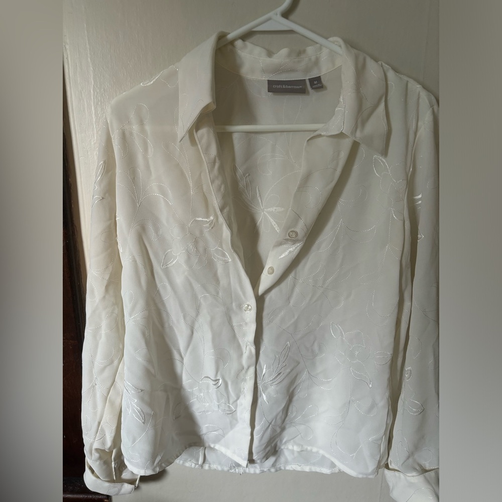 Lightweight, Silk Button-Up Top with Floral Stitching & Pearl-Finished Buttons